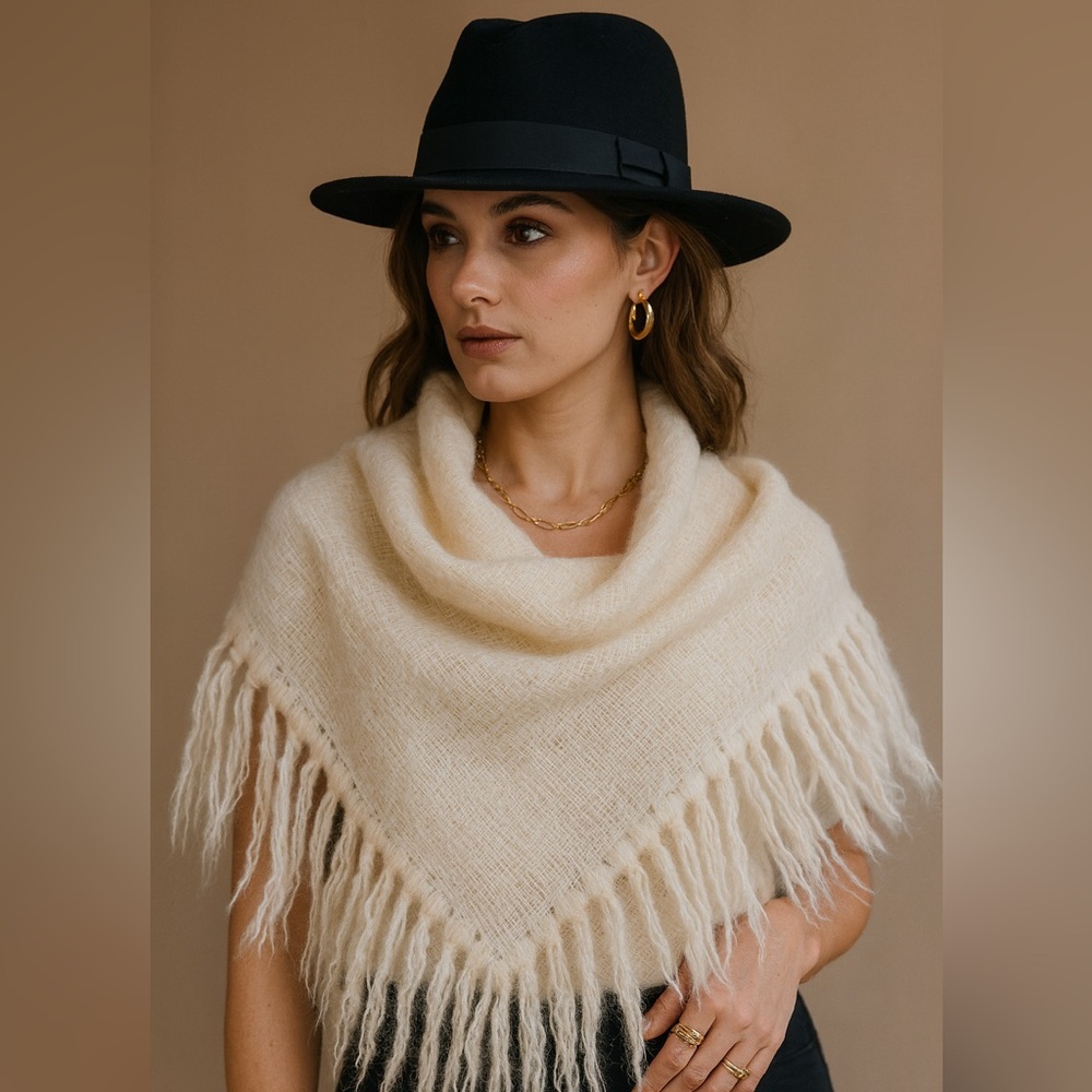 Vintage Wool SCRAF | Cream Wool Triangle Fringe Scarf/Shawl Boho Cozy fall SCRAF